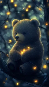 Moonlit baby bear cradles firefly lanterns in forest hush
