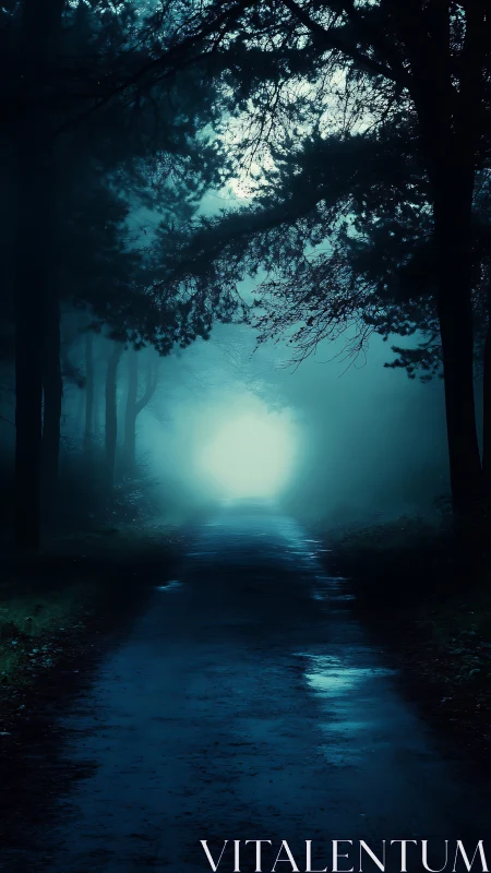 Fog-drenched forest road with luminous vanishing light source.