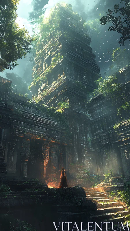 Solitary robed figure explores towering jungle temple ruins.