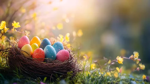 Colorful painted eggs rest in a twig nest in bright sunlight