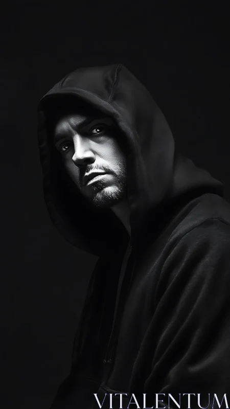 Hooded shadow dweller in razor-edged monochrome light.