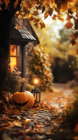 Cozy cottage doorway glowing with a playful jack o lantern.