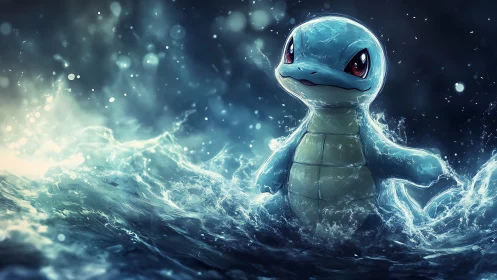 Cute blue creature commands glowing ocean waves at night.