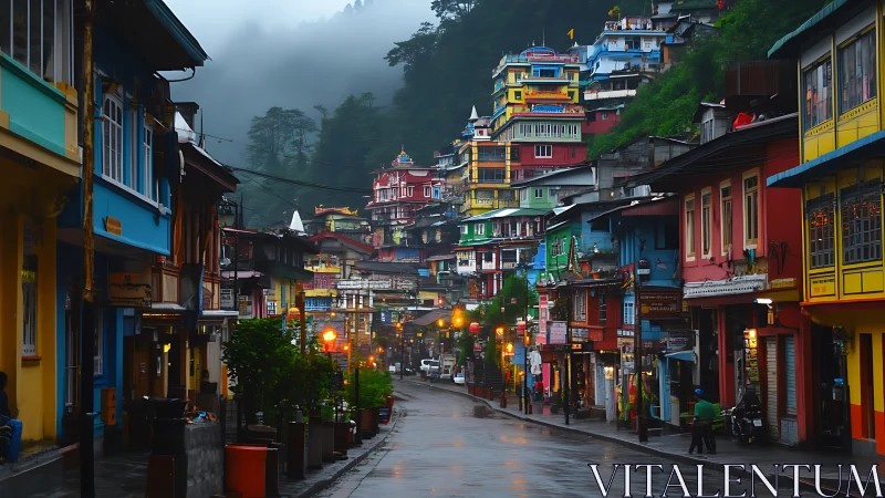 Rain-soaked Himalayan hill town street with colorful facades