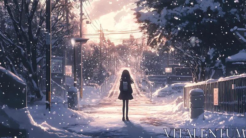 Backlit urban snowfall corridor with solitary student silhouette.