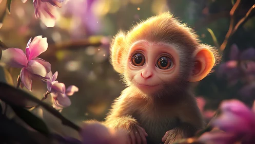 Wide-eyed infant monkey rendered with shallow depth of field bokeh