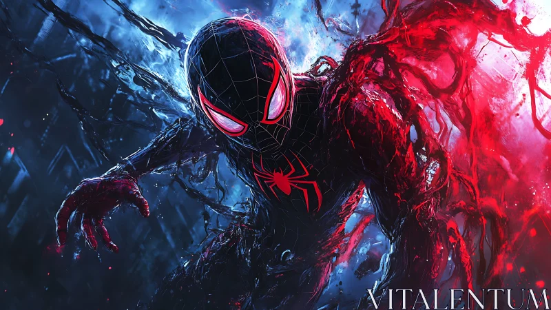 Spider-suited hero emerges through electric red and blue chaos