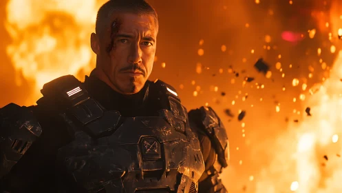 Battle-scarred space soldier stands firm in blazing firestorm