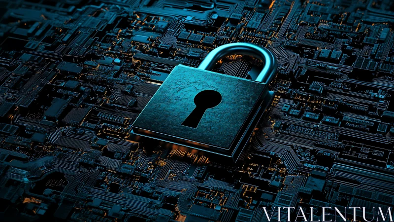 Metallic padlock anchors cybersecurity concept on dense PCB surface