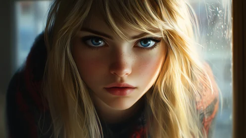 Frostlit gaze of the freckled girl at the windowpane.