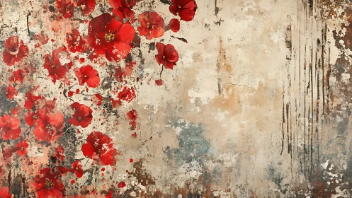 Red poppy blossoms overlay textured, distressed beige wall ground