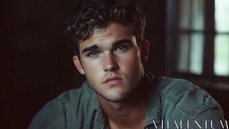Young man in soft window light, neutral close portrait.