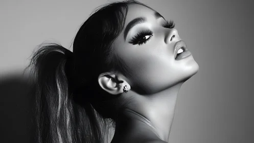 Monochrome side portrait of woman with high contrast lighting.