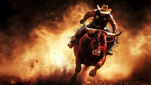 Rodeo bull rider emerging through dense arena dust cloud.