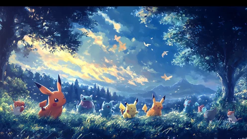 Pokemon rest under glowing twilight sky in lush meadow