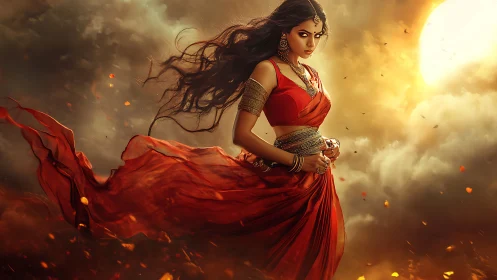 Warrior goddess strides through stormlit embers and sunfire.