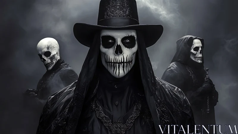 Triad of skeletal figures in black ceremonial garments, fog