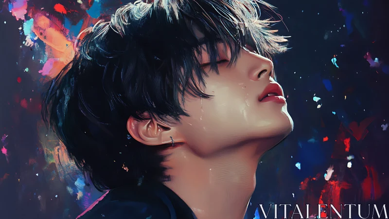 Side-lit portrait of wistful youth amid abstract colors.