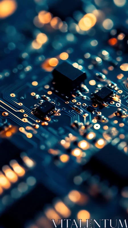 Macro view of illuminated circuit board microchips at night.