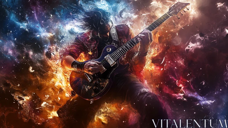 Electric guitar soloist immersed in cosmic nebula energy field