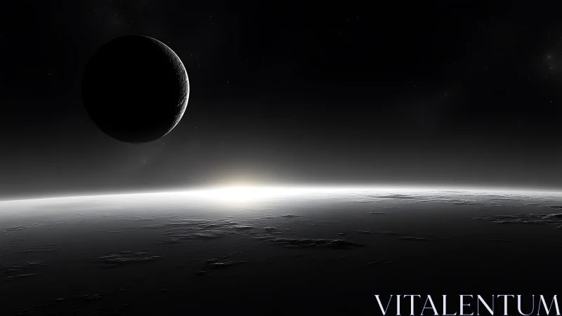 Lunar silhouette over frozen horizon with distant sunrise.