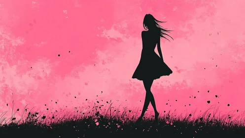 Silhouetted girl in wind against textured pink abstract sky