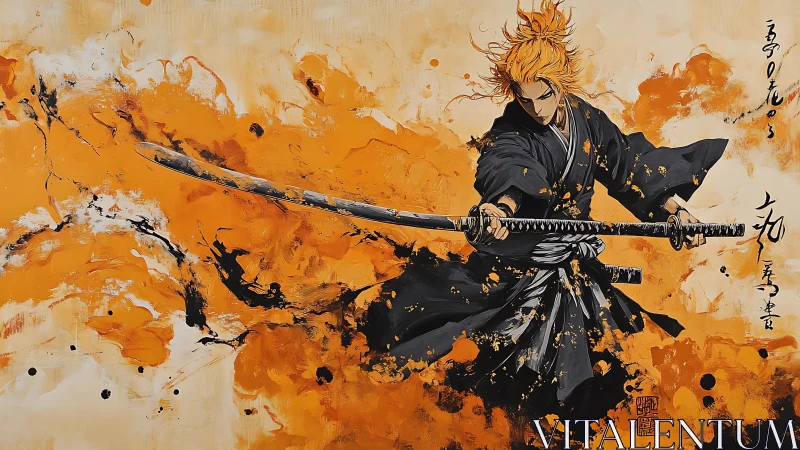 Samurai swordsman in orange abstract ink burst composition.