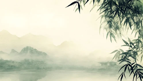 Quiet bamboo morning over misty mountains and water.