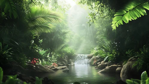 Sunlit jungle pool where quiet water meets wild green.