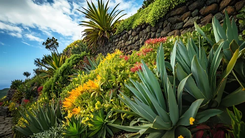 Terraced Mediterranean xeriscaping with polychromatic flowering succulents and stone retaining archi