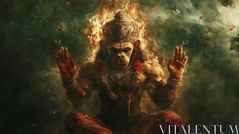 Fiery simian deity portrait renders mythic divine energy