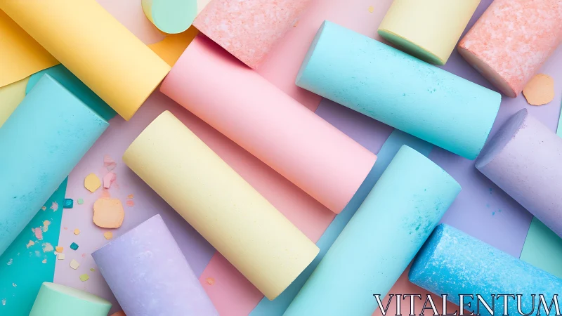 Soft pastel chalk rolls rest in a playful rainbow scatter