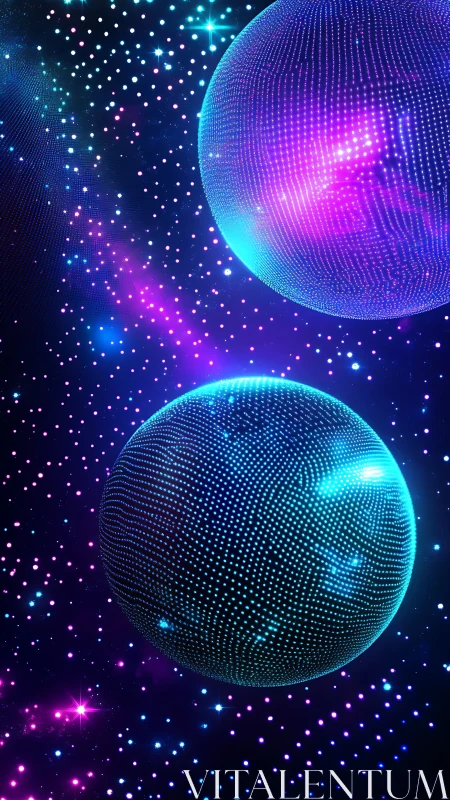 Glowing neon spheres drift through a starry cosmic dance