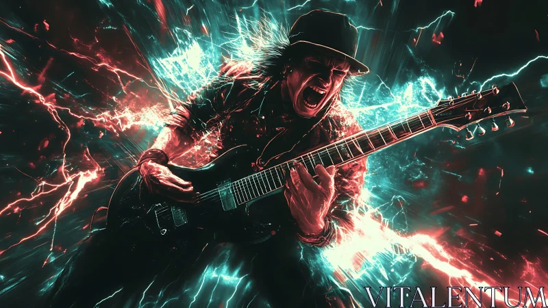 Cyberpunk electric guitarist in explosive neon energy field.