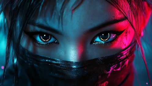 Masked cyberpunk woman stares with neon-lit reflective eyes