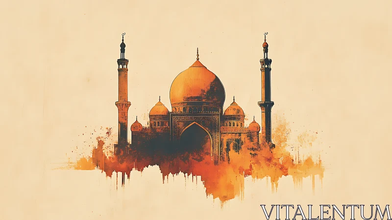 Mosque silhouette with domes in orange watercolor effect.