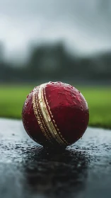 Rain-soaked red cricket ball resting between overs on pitch.