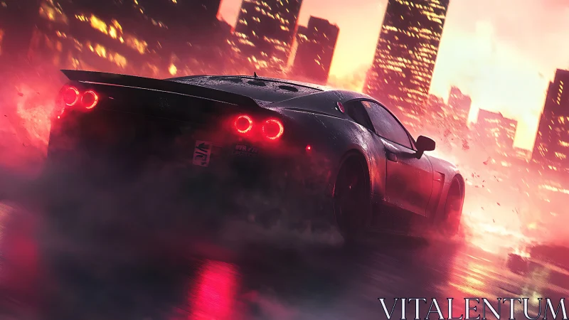 Rear three quarter drift shot of GT sports car in neon rain