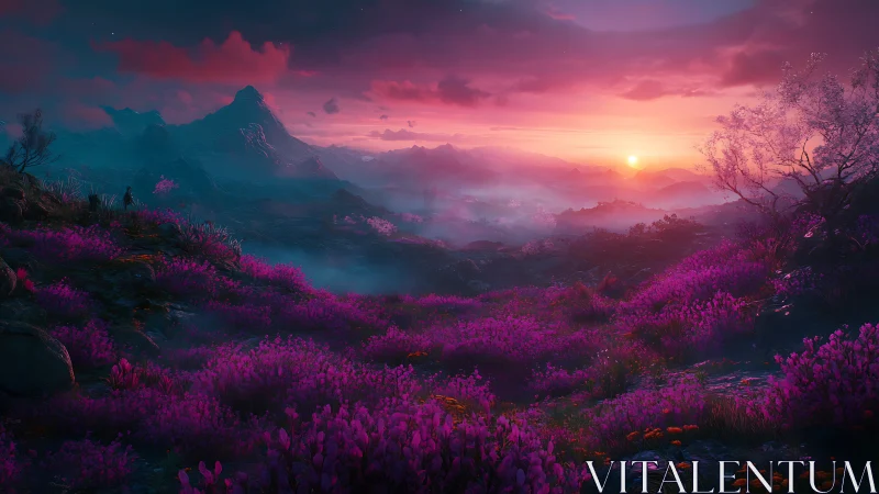 Luminous magenta valley under cinematic neon sunset glow.