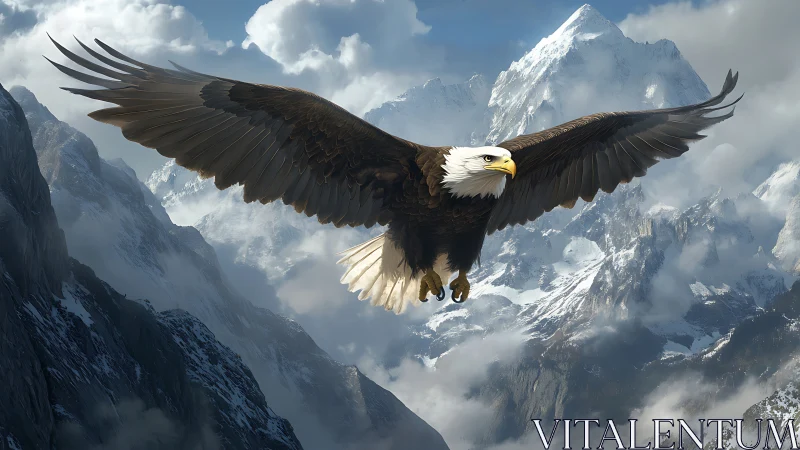 Majestic bald eagle soaring over snowy mountain peaks, photorealistic style.