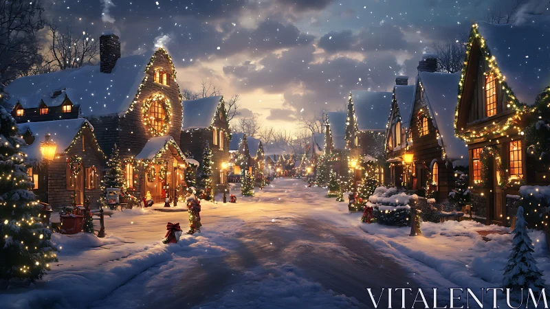 Snowy Christmas village street glows with warm lights.
