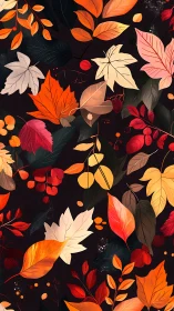 Autumn foliage pattern with stylized leaves on deep noir ground.