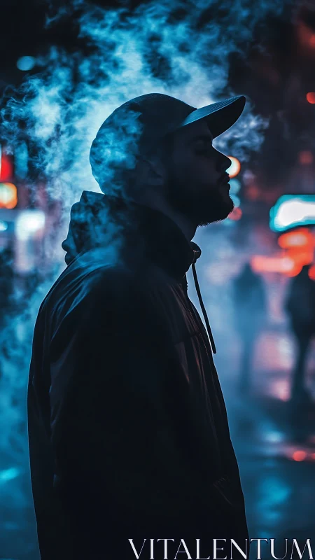 Backlit urban silhouette in volumetric neon vapor field.