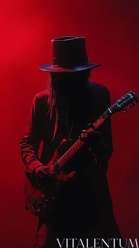 Silhouetted guitarist in top hat plays under deep red light