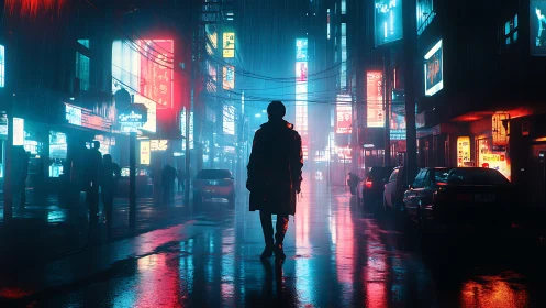 Solitary night wanderer walks through neon soaked city rain