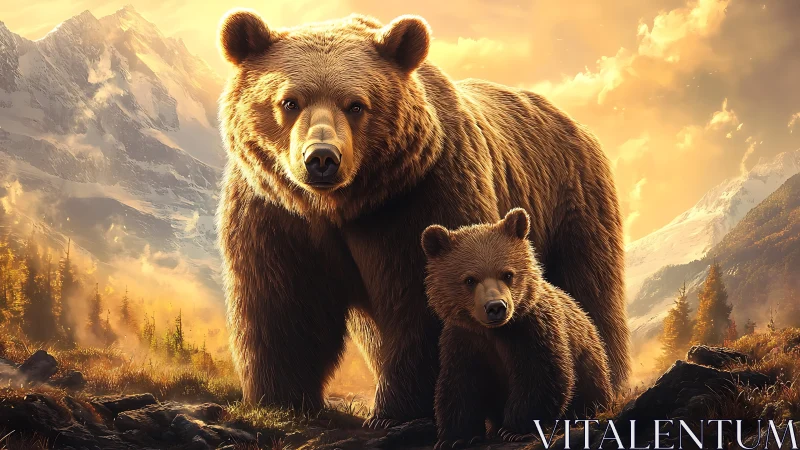 Golden-hour digital painting of grizzly bear and cub in alps