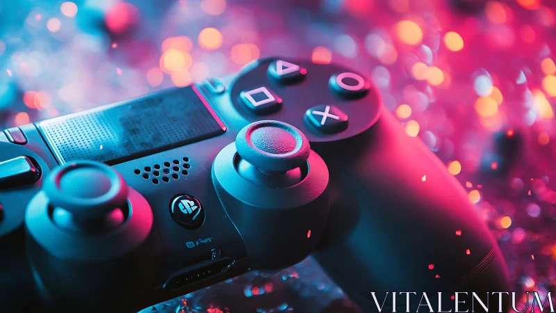 Neon-lit game controller rendered in cinematic cyber-noir lighting