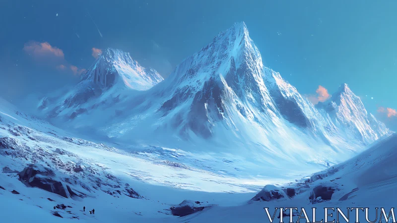 Glorious blue mountain peaks rise over a silent snow valley