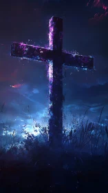 Neo-noir crucifix under bioluminescent storm sky digital painting.