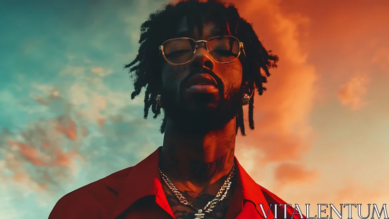 Portrait captures confident man under dramatic sunset sky